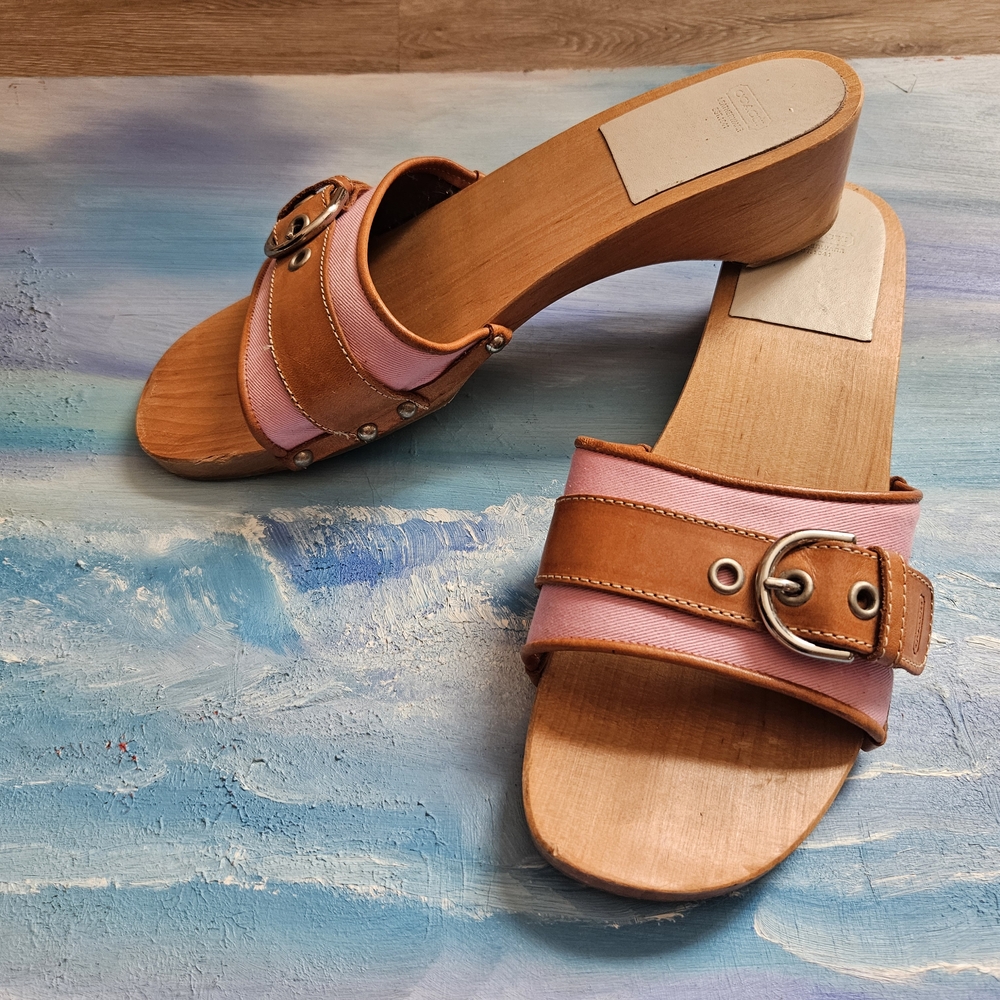 Coach Pink and Tan Buckle Mules
